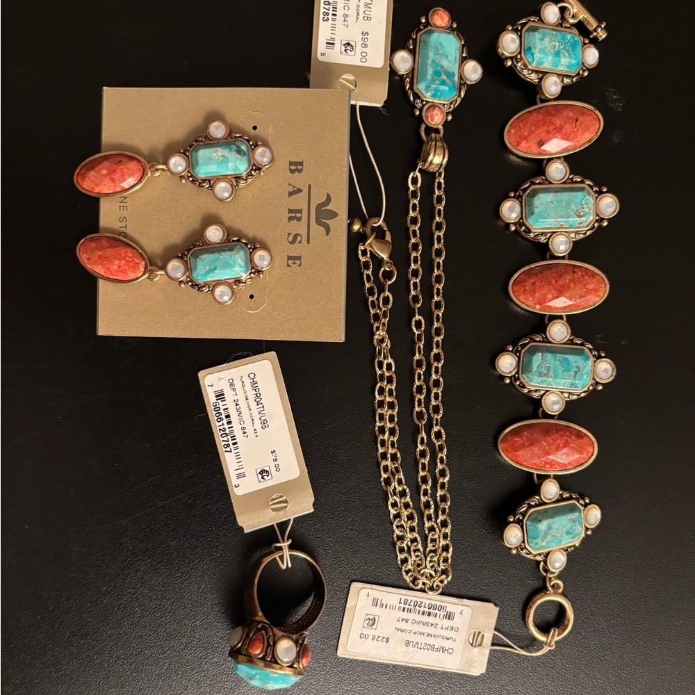 Genuine Turquoise, Coral, and Mop Jewelry Set - Picture 1 of 15